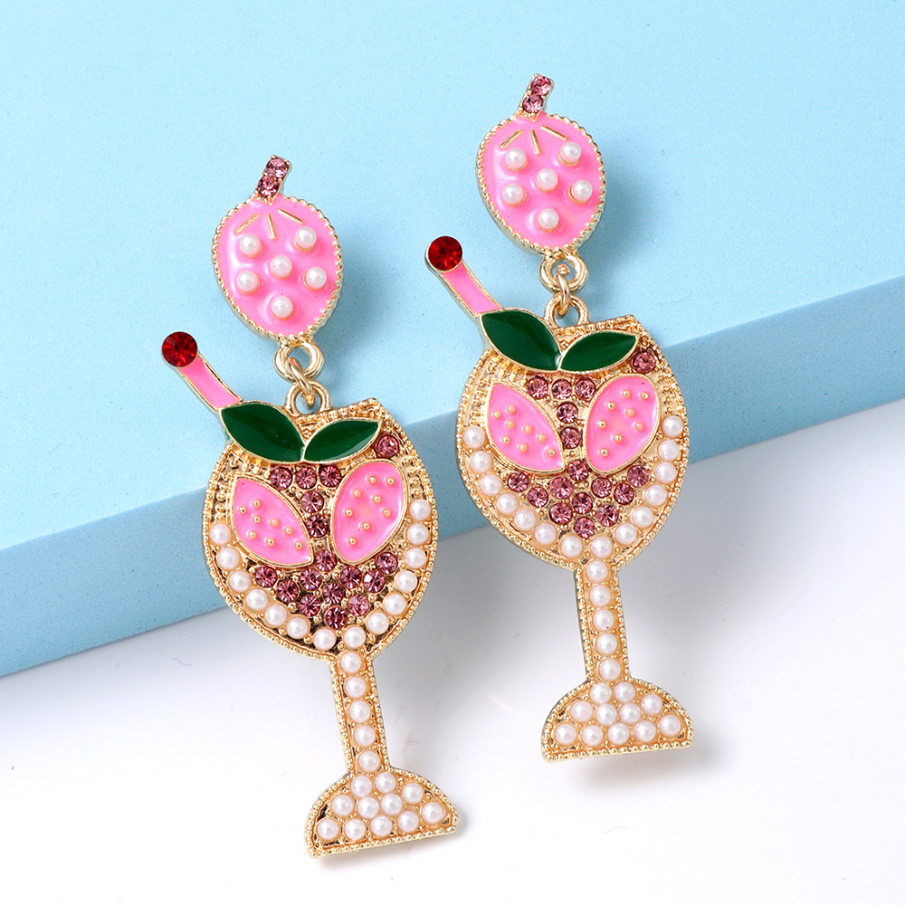 Fashion Wine Glass Alloy Inlay Artificial Pearls Rhinestones Women's Earrings 1 Pair display picture 4