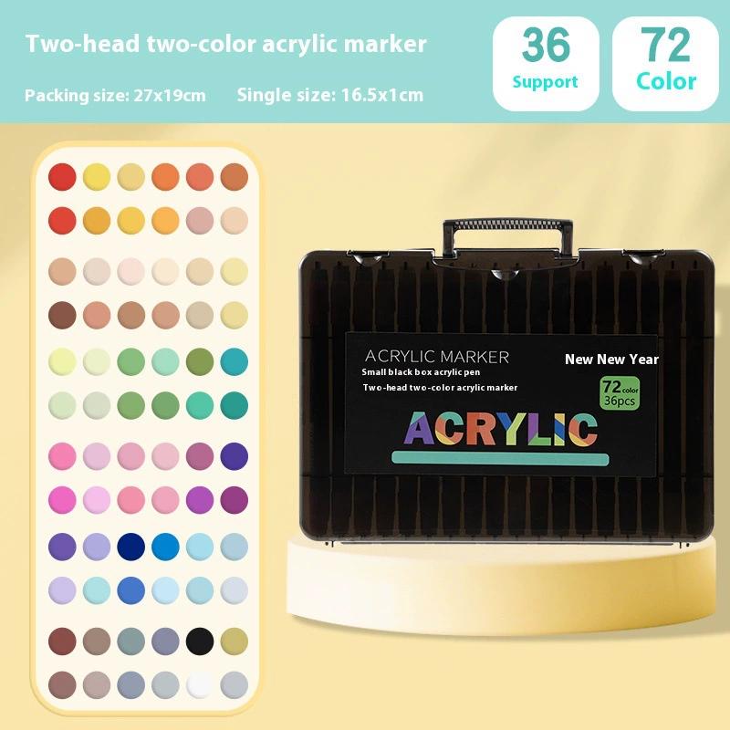 Acrylic two‑head marker set, 72 colors, waterproof, portable black case