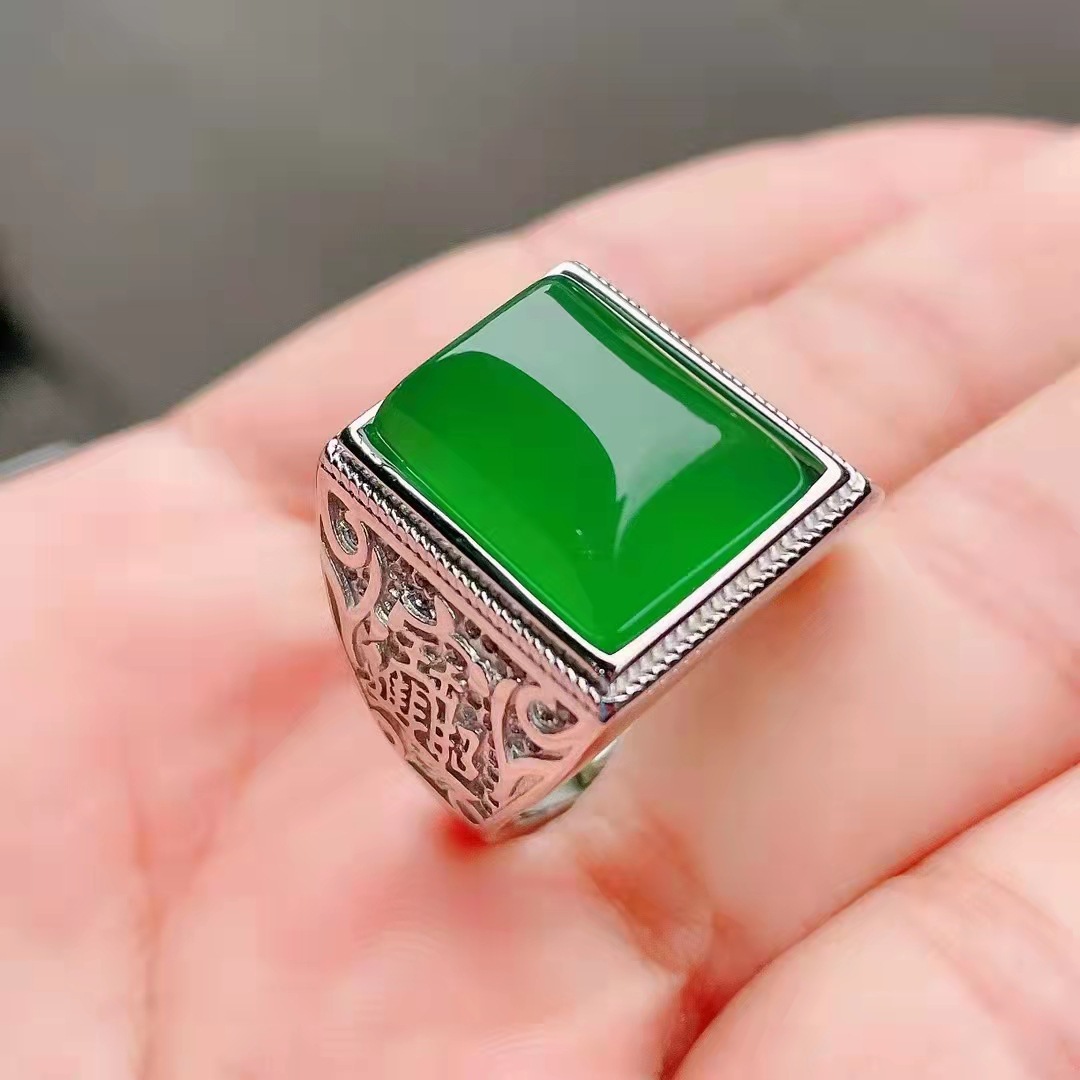 Men's adjustable ring with stone jade, with gem, men's style, for luck