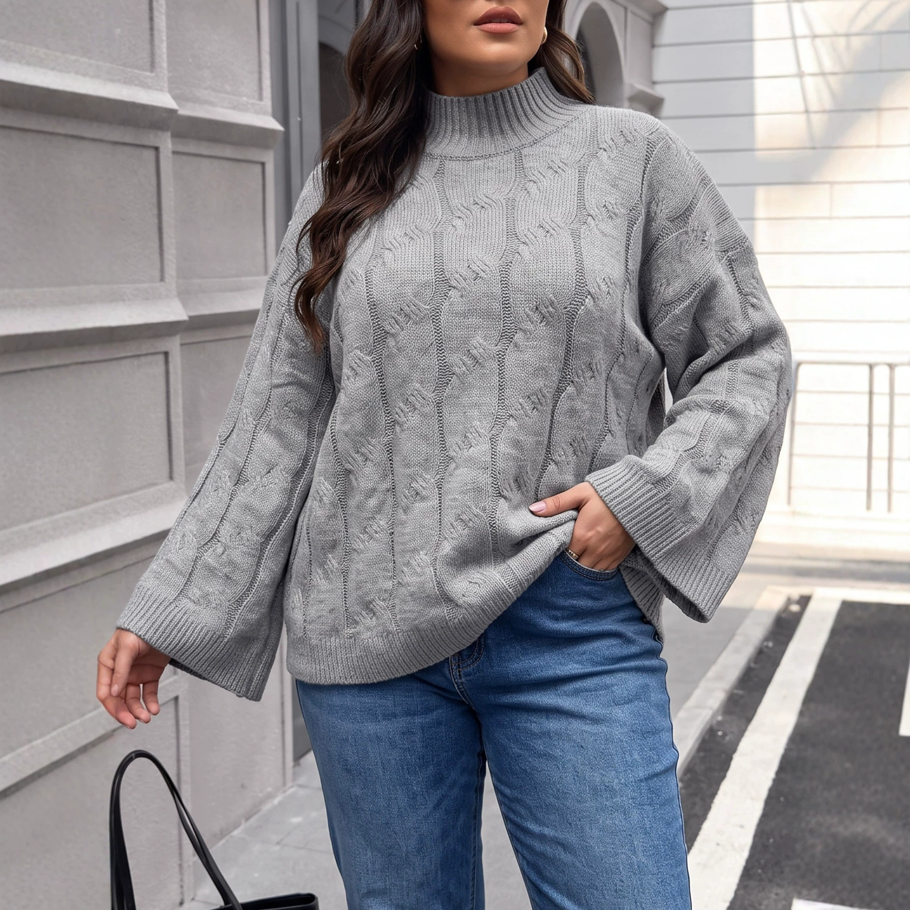 Cross-border European and American women's sweater, loose pullover with bell sleeves, half-high collar, cable knit, plus size, autumn and winter women's clothing
