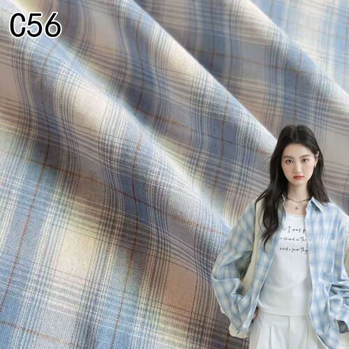 Yarn-dyed plaid cloth lazy style retro long-sleeved blue plaid shirt design loose casual clothing fabric