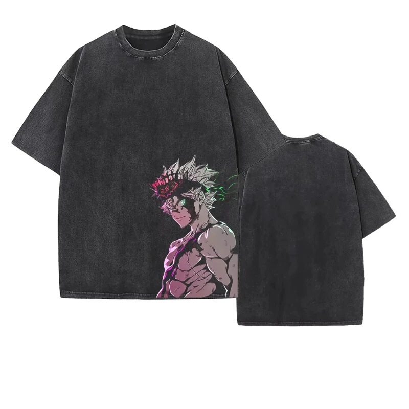 Cartoon Black Clover Asian Graphic T-Shirt Vintage Washed Oversized T-Shirt for Men and Women Cotton Clothing