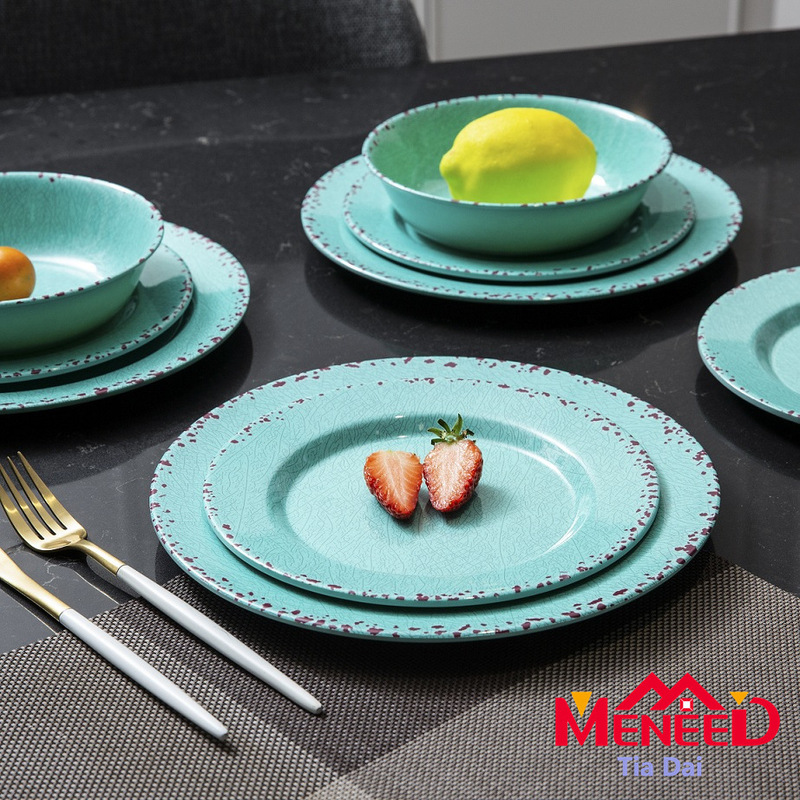 12 Pieces Turquoise Cracked Italian Round Light Blue Elegant Exquisite Melamine Tableware Set Can Be Customized