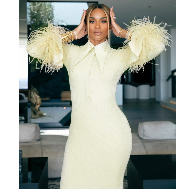 24 European and American New Long Sleeve Elastic Irregular Feather Cuff Bandage Dress Fashion Ladies Elegant Long Dress