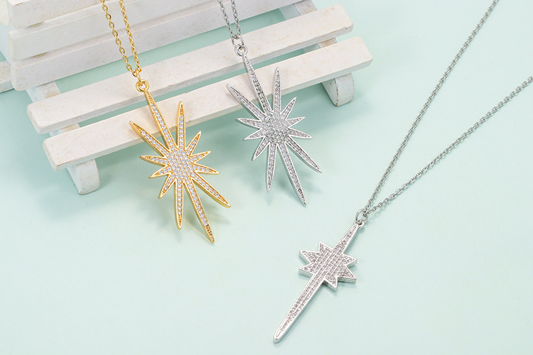 10g Weight Necklace Classification Wedding, Travel Occasion Geometric Pattern Simple Full Zircon Eight-pointed Star Copper Necklace Wholesale