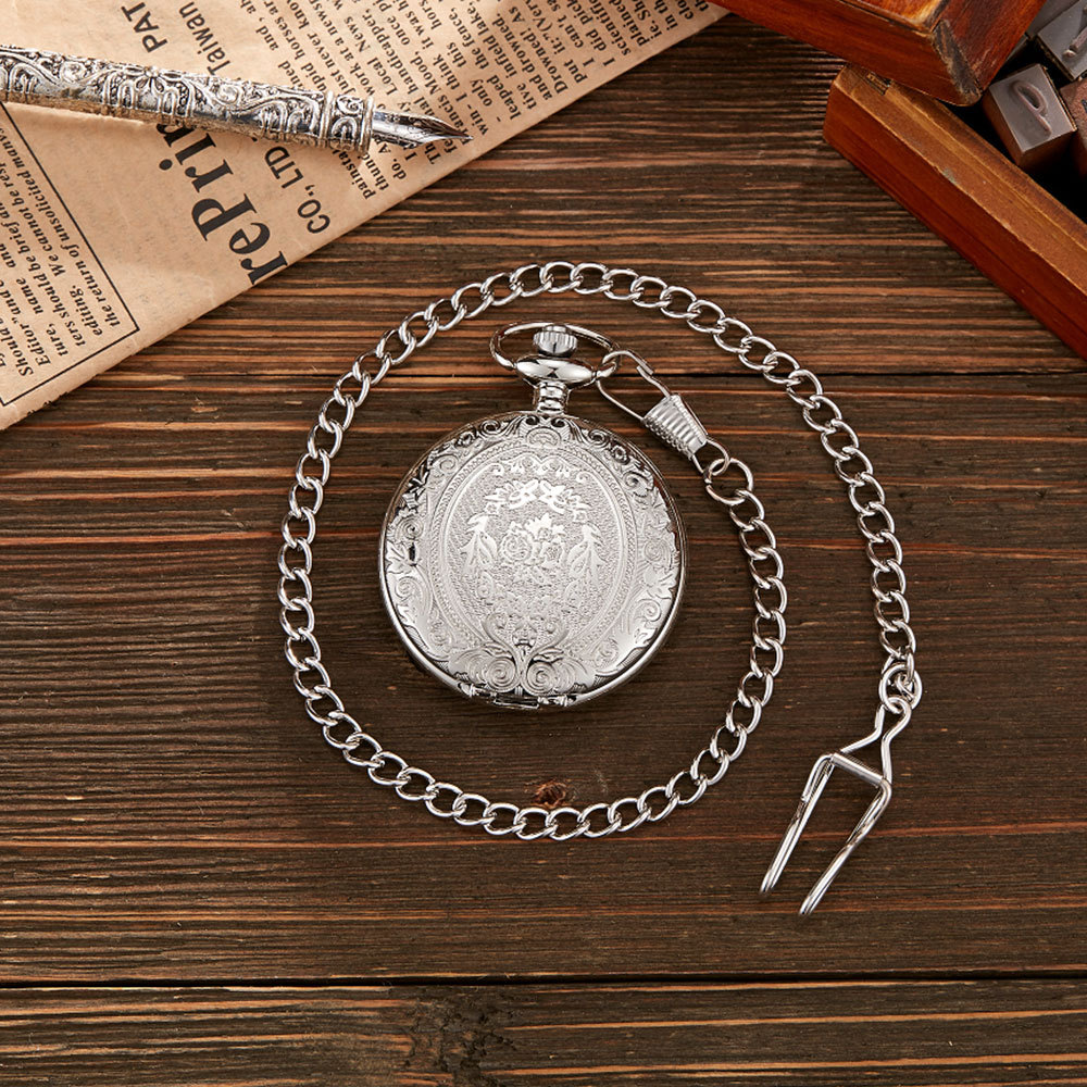 Relógio de bolso esqueleto vintage gravado com colar presente_voghion.com