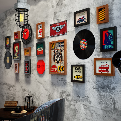 High Molecular 3164 Retro Photo Wall Combination Picture Frame Industrial Style Decorative Painting with Real Clock, Photos Can Be Changed