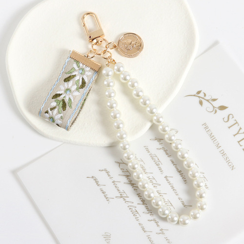 New retro long pearl bracelet keychain creative shell wide-brimmed webbing airpods bag accessories hanging
