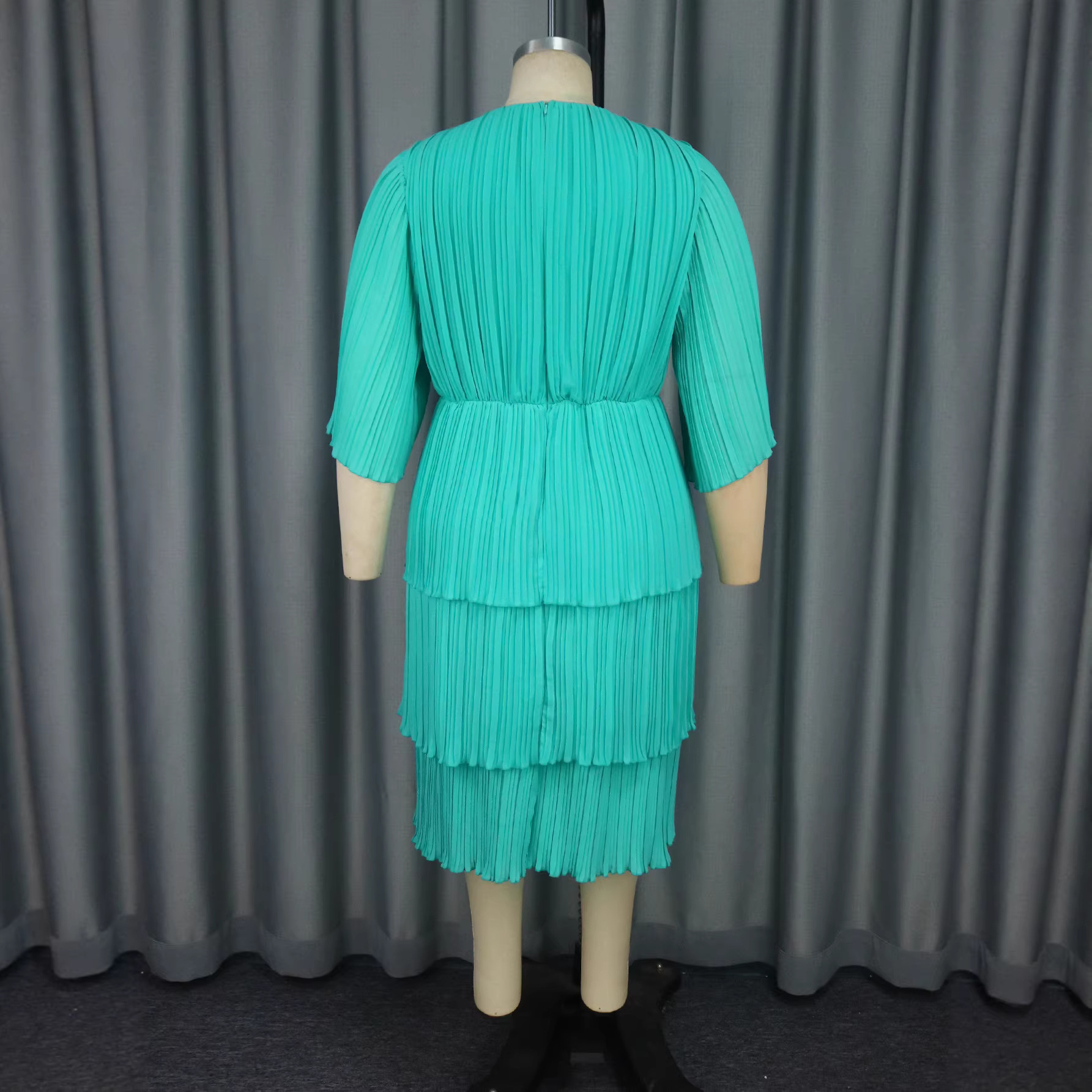 Mint Green V-Neck Belted Dress With Mid-Length Sleeves American Style Casual Elegant Slimming Pleated Cake Dress For Commuting_ecoleips.com