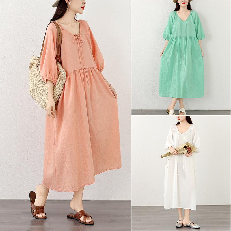 Cotton and Linen Dress 2026 Summer New Women's Fashion Unique and Exquisite Lantern Sleeve Slimming Linen Long Dress Cotton and Linen Dress 2026 Summer New Women's Fashion Unique and Exquisite Lantern Sleeve Slimming Linen Long Dress