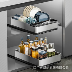 不锈钢厨房抽拉置物架碗碟收纳架橱柜调料托盘厨具拉篮碗盘沥水架