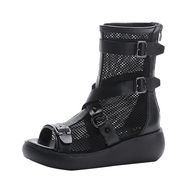 Giày sandal nữ da bò thật đế dày phong cách La Mã, mũi hở lưới thoáng — Màu đen