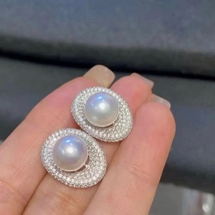 Seiko poached egg natural pearl suit Xinghe full diamond oval S925 silver pearl earrings ring 10-11mm