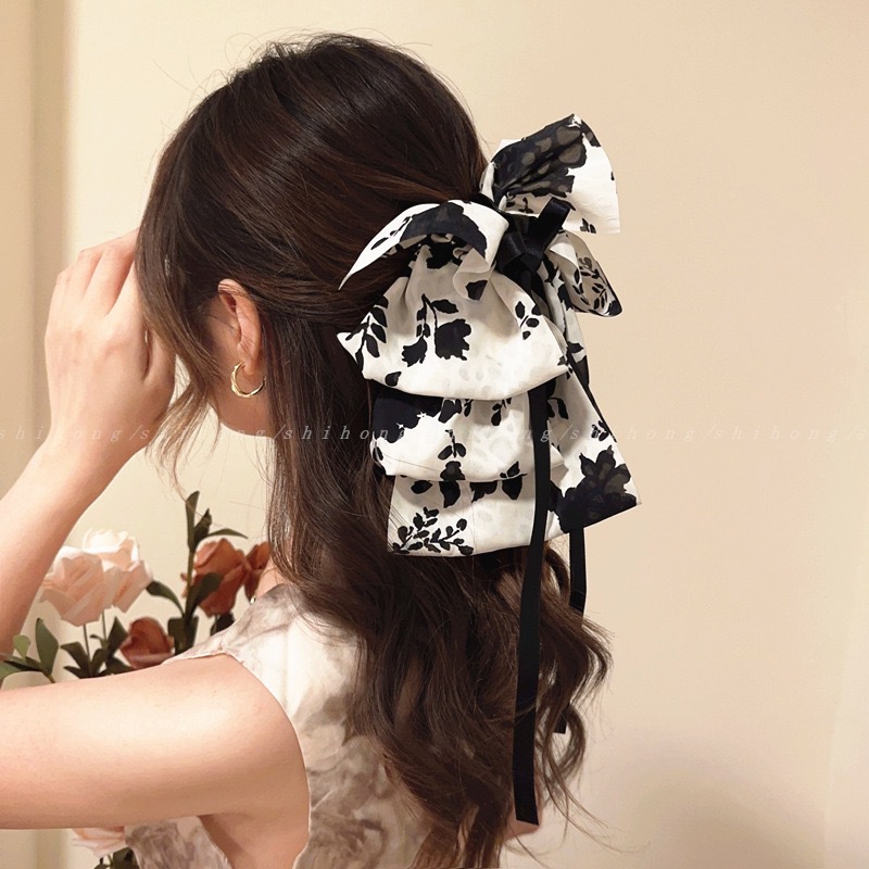 Clip floreale francese in bianco e nero, nuovo nastro con fiocco a nuvola, cucchiaio posteriore, presa versatile, accessorio per capelli alla moda_voghion.com