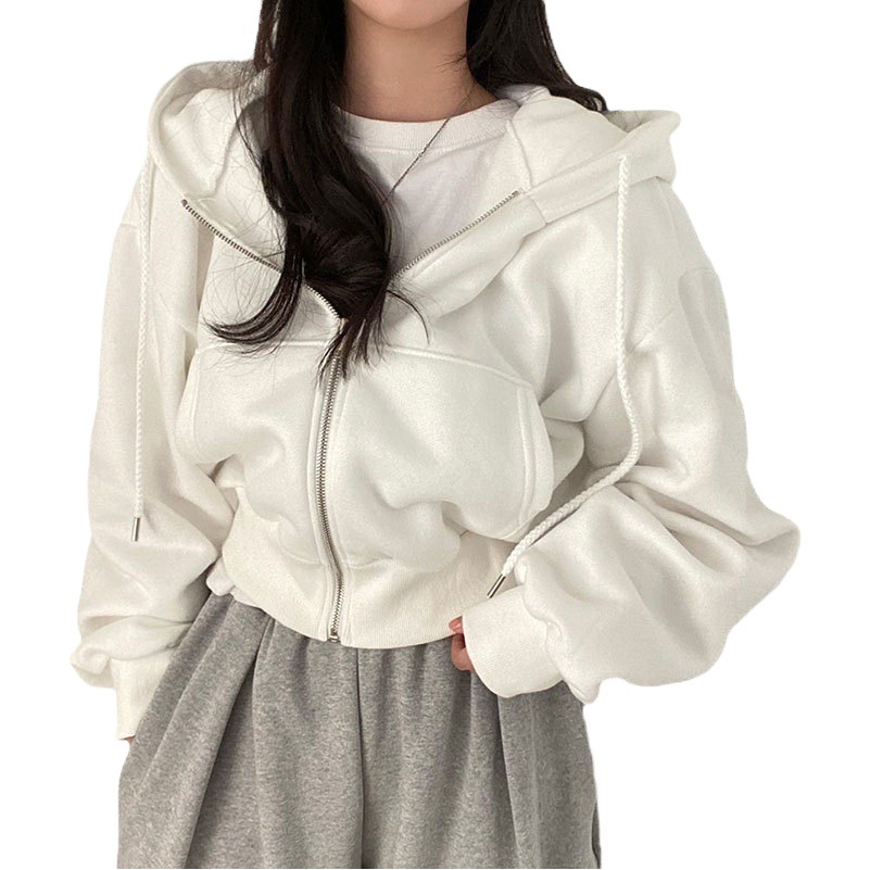 2025 春と秋の韓国の新しいスタイルプラスベルベットシンプルで多用途な気質フード付きルーズソリッドカラースウェットシャツカーディガンジャケット女性のための