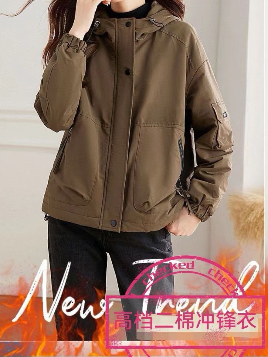 时尚冲锋衣女初冬新款安可拉红宽松连帽棉衣棉服