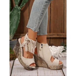 S 75263 Fringed Wedge Peep Toe Sandals ���K�¸���Ь