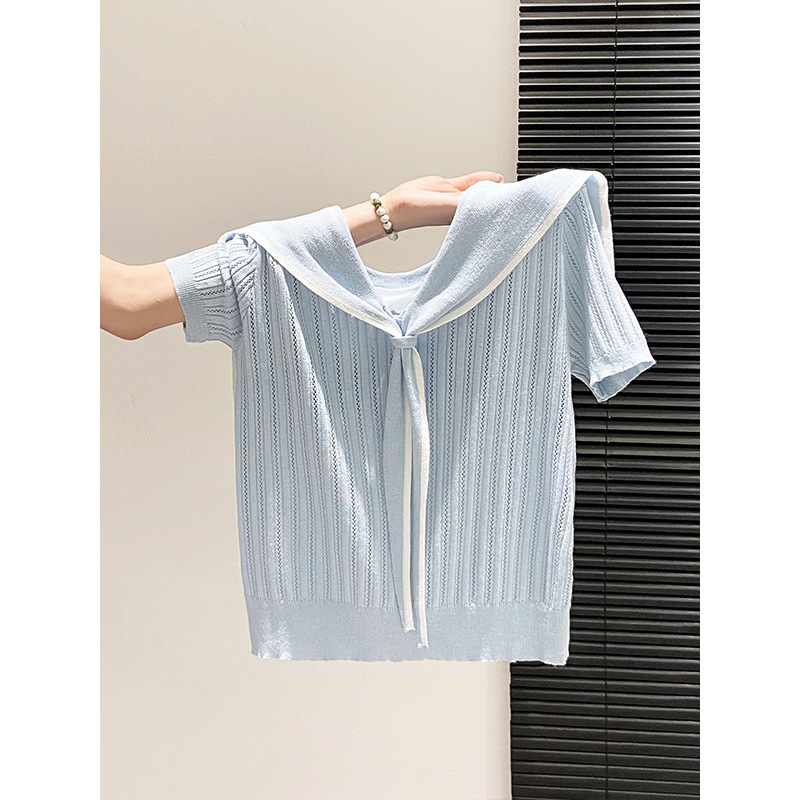 Korean-Style College-Style Navy Collar Tie-Up Knit Top for Women, 2026 Summer New Model, Age-Reducing, Slimming, Elegant Short-Sleeve Top
