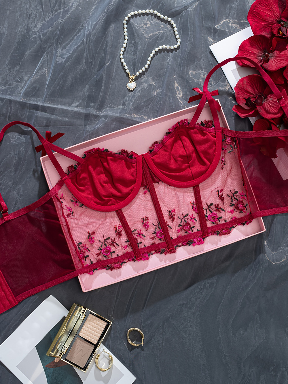 Women's Floral Embroidered Bra With Bow And Adjustable Straps_voghion.com