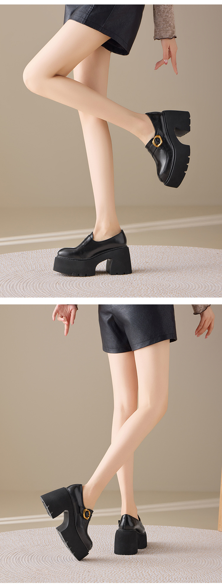 Giày loafer nữ da bò cao cấp gót vuông 10 cm, mũi nhọn khóa dây, đế dày — màu đen, màu đỏ chi tiết 11