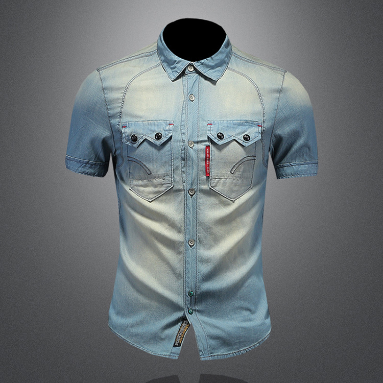 Camicia in denim vintage da uomo slim fit a maniche corte_voghion.com
