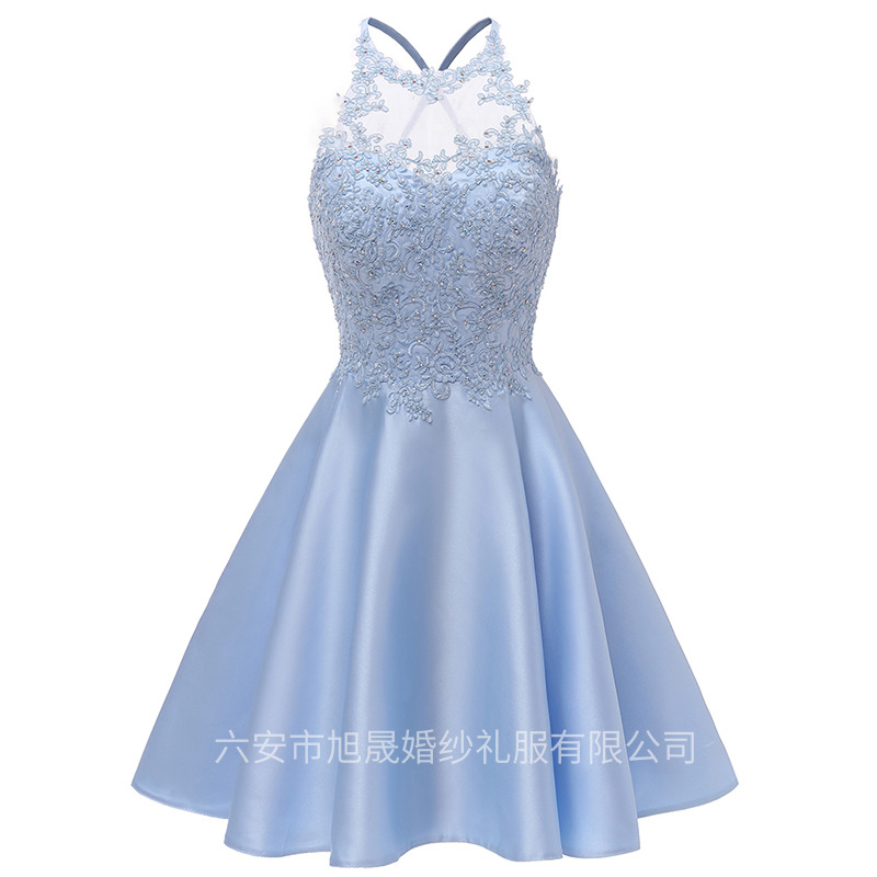 New Cross-Border Satin Short Graduation Prom Dress with Criss-Cross Back, Crystal Lace, Sexy Slim-Fit Party Performance Evening Gown