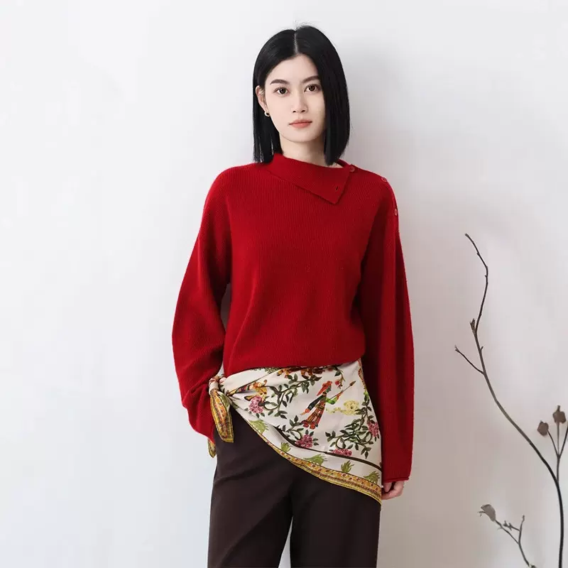 2025冬季新款简约优雅斜领羊毛针织套头打底衫红色毛衣外套上衣