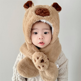 Children's winter hat scarf one-piece hat three-piece set with gloves Korean version of boys and girls cute baby windproof thickened