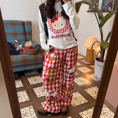 美式复古kitty猫趣味卡通格子休闲裤女春秋宽松显瘦百搭阔腿长裤