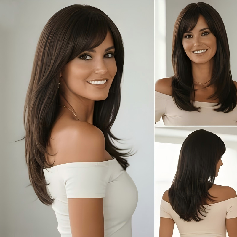European and American Cross-Border Best-Selling Wig for Women, Natural Brown Color, Medium-Length Slightly Curly Hair with Bangs, Realistic Synthetic Fiber Full Wig