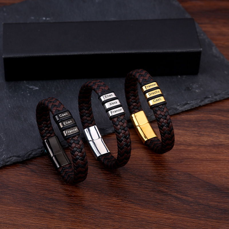 Customized Cross-Border Amazon Men's Leather Bracelet Stainless Steel DIY Retro Bracelet European and American Fashion High-End Bracelet