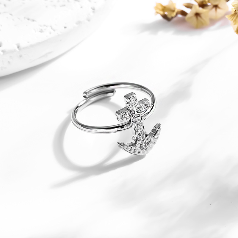 Großhandel Schmuck Ferien Einfacher Stil Anker Titan Stahl Zirkon Inlay Offener Ring display picture 3