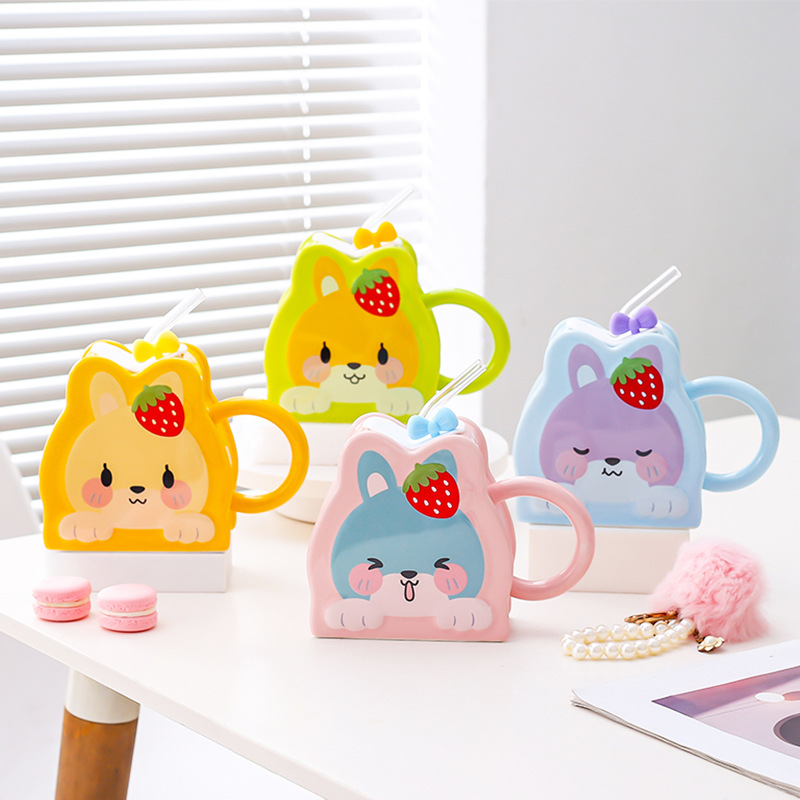 Taza de paja de cerámica creativa de dibujos animados lindo conejo taza Rosa chica corazón gran capacidad pareja taza de agua