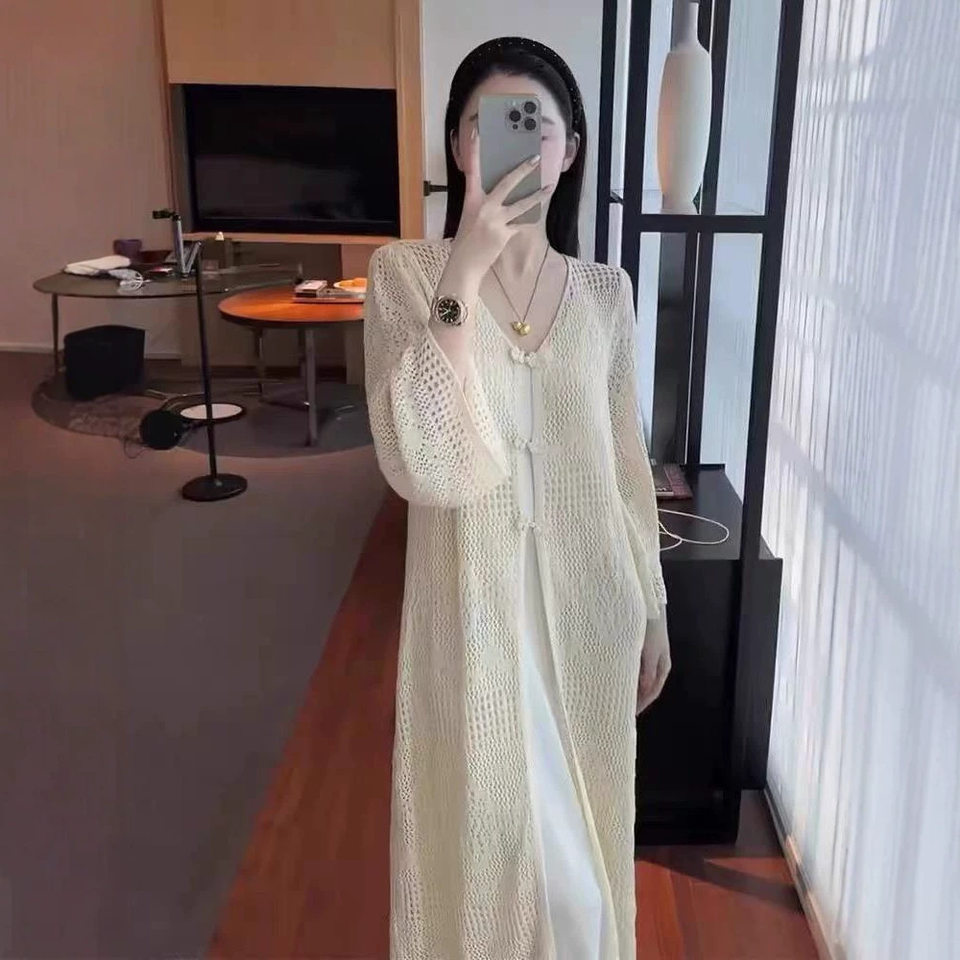 Áo cardigan dệt kim dáng dài nữ thiết kế khoét lỗ, cổ chữ V, tay dài, phong cách thanh lịch — Màu be 【Nâng cấp chất liệu vải cao cấp】