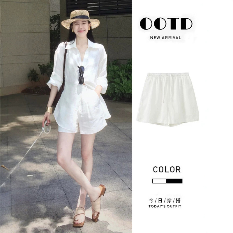 White anti-wrinkle Tencel linen shorts for petite women, summer thin cotton-linen loose casual wide-leg pants