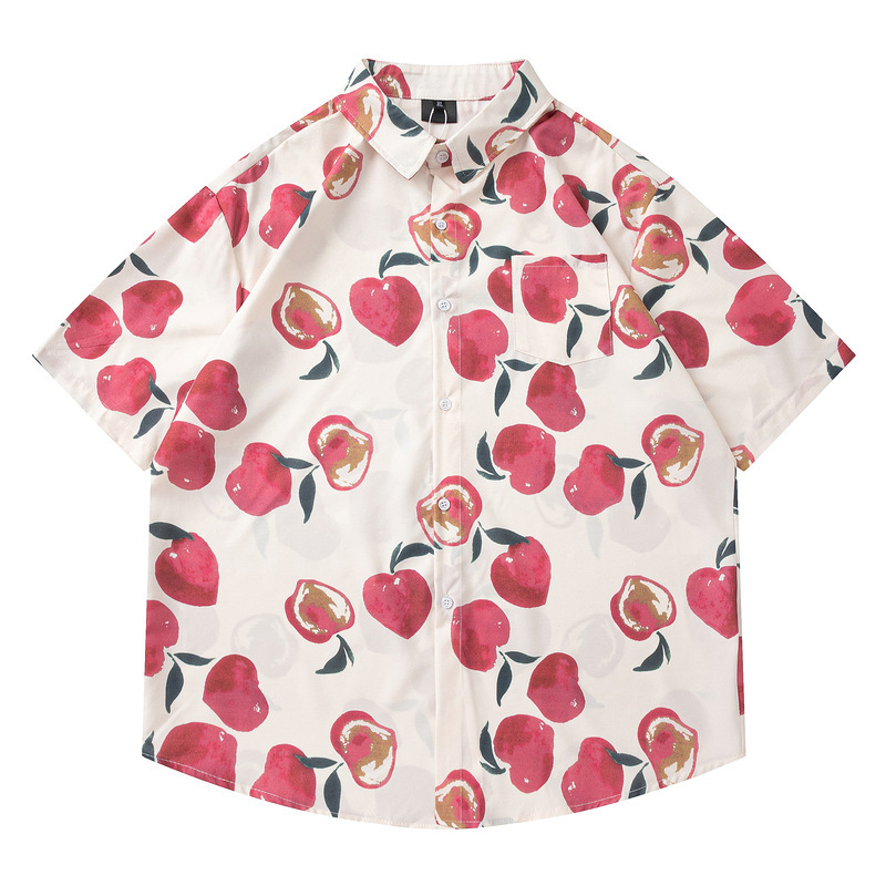 Oversize Japanese Style Hawaiian Peach All-Print Short-Sleeved Shirt Men's Summer Hong Kong Style Couple Half-Sleeved Floral Shirt