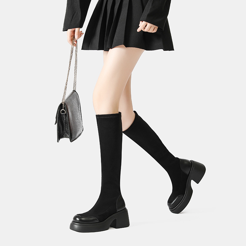 2023 Autumn/winter New Fashion Versatile Thick Sole Height Up to Knee Elastic Suede Socks and Boots_voghion.com