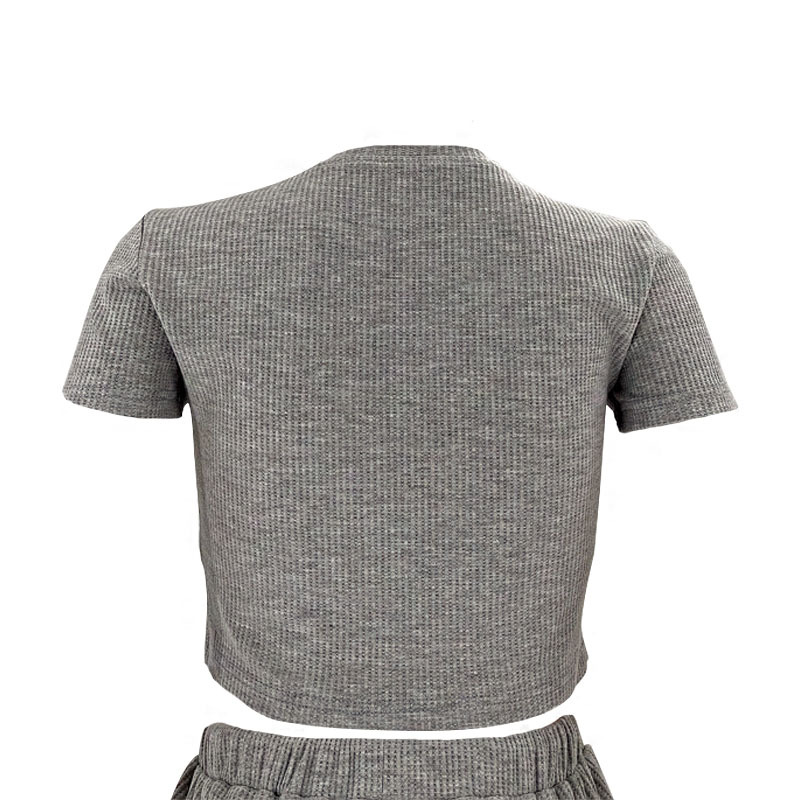 Spring Summer Solid Color Waffle round Neck Short Sleeve Women Clothing Casual Trousers Sets 16 Spring Summer Solid Color Waffle round Neck Short Sleeve Women Clothing Casual Trousers Sets