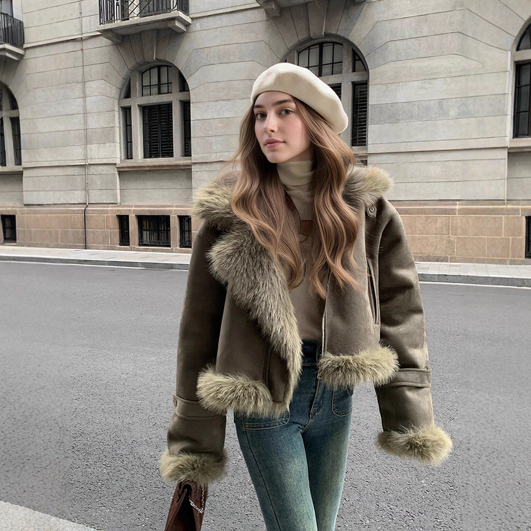 Cross-Border Exclusive Fur Integrated Suede Jacket for Women, Autumn and Winter High-End Thickened Petite Biker Top