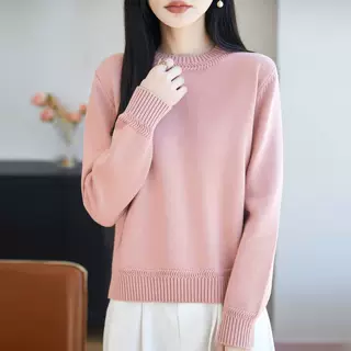 跨境秋冬新款100%纯棉线针织衫女圆领套头毛衣打底衫宽松版全棉上