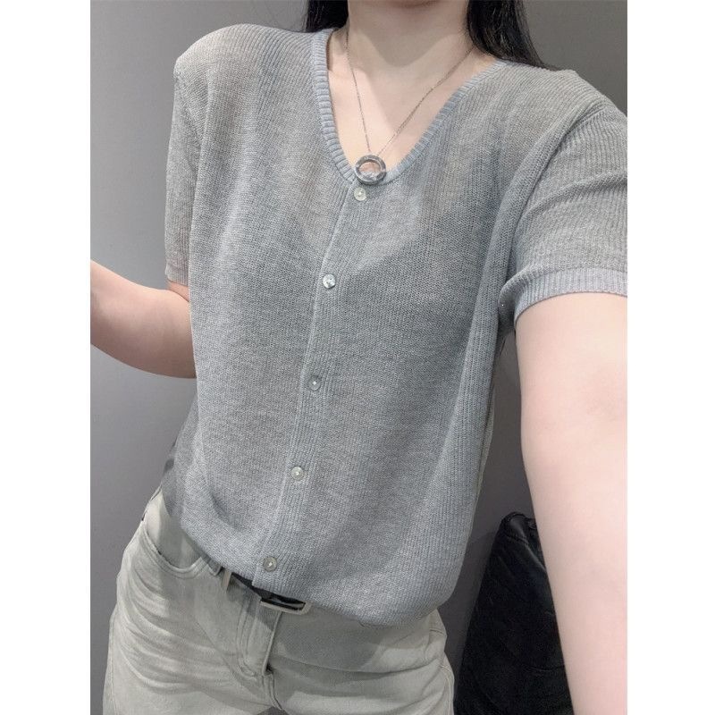 Áo cardigan dệt kim tay ngắn cổ V chất liệu băng lụa mỏng mùa hè — màu xám chi tiết 3