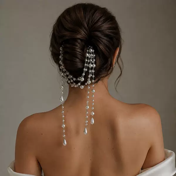European and American New Tassel Pearl Hair Chain Elegant Bridal Headdress One-Word Clip Accessories Female Headwear