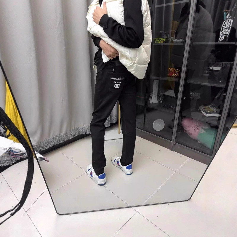 Men's Black Jeans, High-End Men's Pants, Cotton Stretch Men's Clothing, High-End Embroidered Long Pants, Trendy Slim-Fit Pants