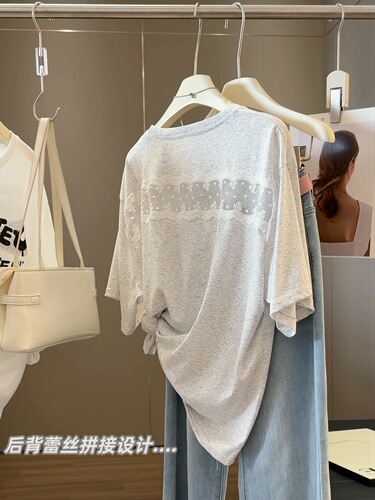 Design-inspired lace-trimmed short-sleeve women's summer loose-fitting slimming lazy-style casual versatile thin top