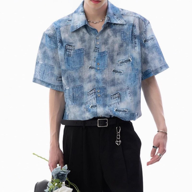 2025 Designer Men's Summer Casual Men's Imitation Denim British Yuppie Style Short-Sleeved Shirt Men's Tops