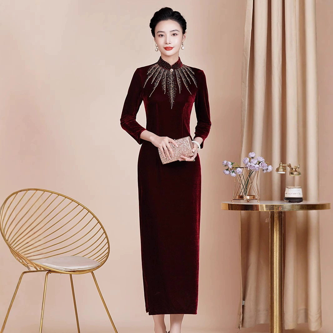 Шэньчжэнь высококачественный тонкое бархатное чонсам свадебное платье для мамы