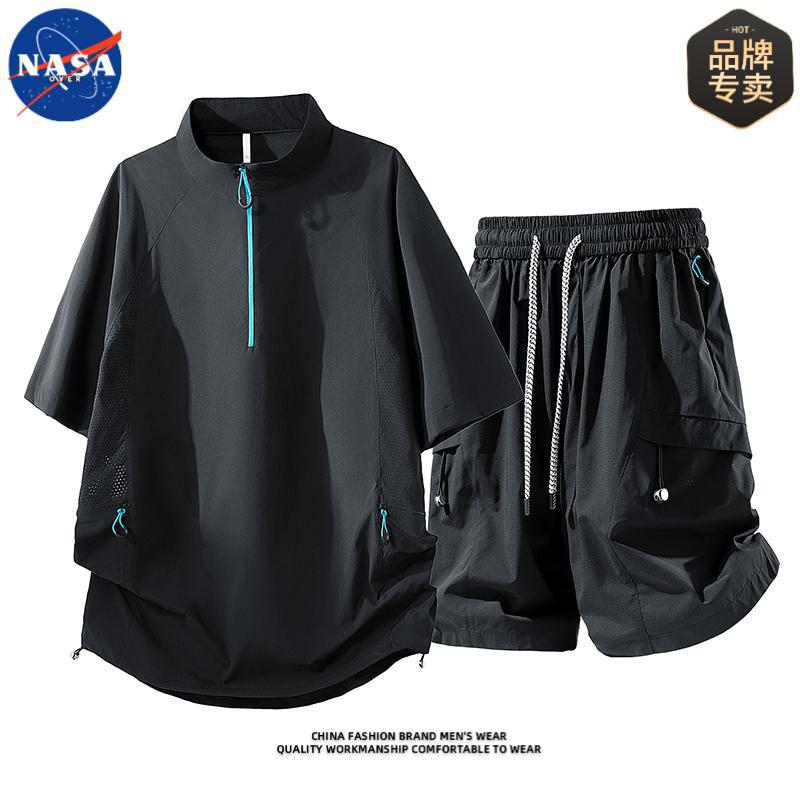 NASA brand high-quality half-zip stand-up collar short-sleeve suit for men, summer sports breathable fashion two-piece set