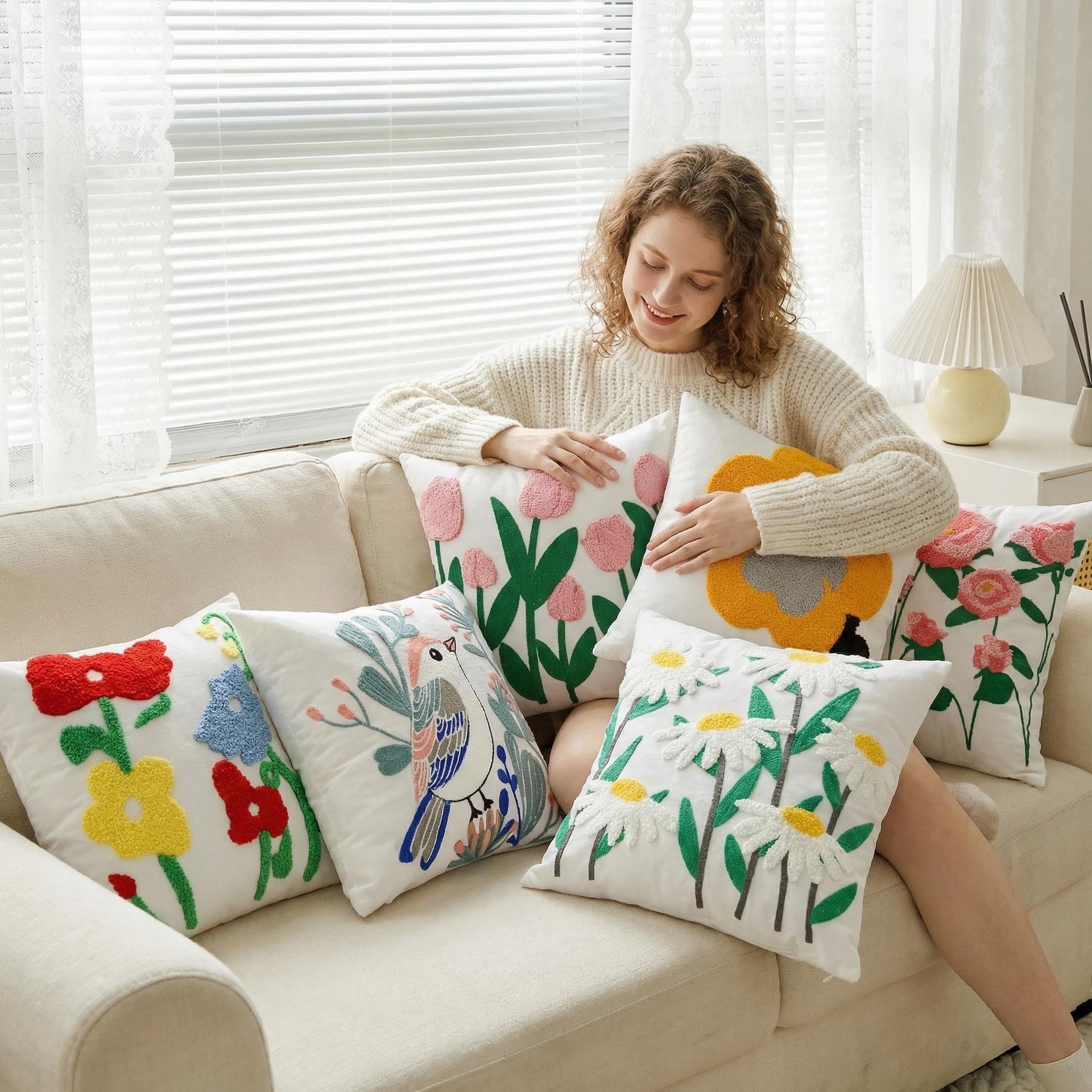 French Pastoral Modern Simple Cross-Border Flower Embroidery Sofa Cushion Pillow B&B Embroidered Tulip Pillowcase