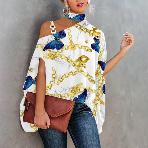 Summer Wish Women's Printed Sexy Slit Collar Loose Top M10056