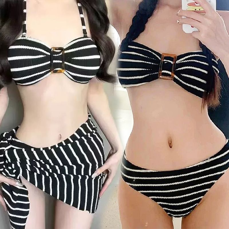 Retro-Streifen-Bikini-Set, 3-teilig mit Wickelrock, sexy hochgeschnittener Badeanzug für Damen, Vintage-inspiriert für Strand- und Poolurlaube_voghion.com